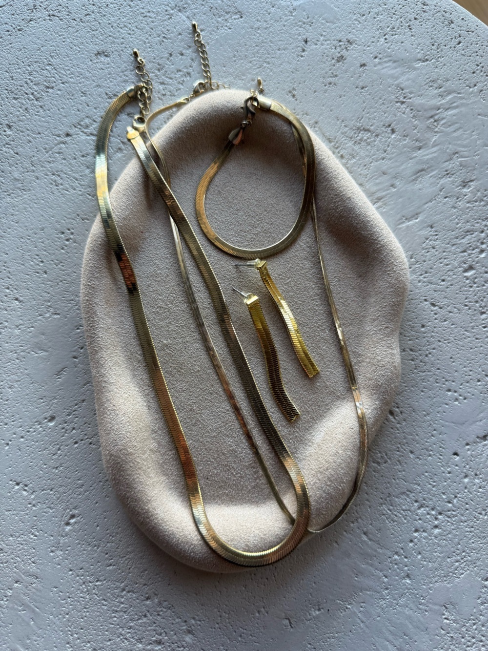 Gold Tone Herringbone 2 Chain Necklace, Earrings, and bracelet set